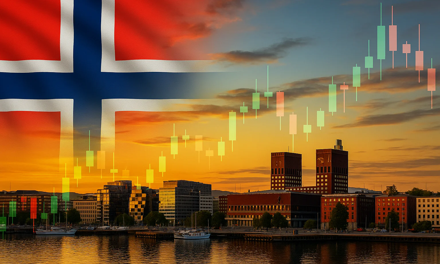 Een breedbeeldcompositie met de rood-wit-blauwe vlag van Noorwegen, vermengd met de ondergaande zon boven de skyline van Oslo, met doorschijnende financiële candlestick-grafieken en stijgende prijsbalken die over het tafereel heen lopen, wat de Forex-handel in Noorwegen symboliseert.