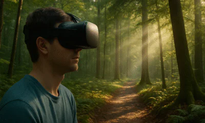 Persona che indossa un visore VR immersa in un sentiero forestale realistico, circondato da alberi alti e dai raggi del sole che filtrano attraverso la chioma.