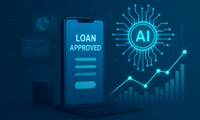 Digital illustration showing a smartphone displaying a loan approval screen next to an AI circuit icon, with financial charts and glowing data elements in the background.