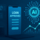 Digital illustration showing a smartphone displaying a loan approval screen next to an AI circuit icon, with financial charts and glowing data elements in the background.
