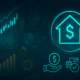 A digital illustration showing financial growth icons, including a glowing house with a dollar symbol, bar and candlestick charts, and fintech elements like a smartphone with an upward graph, representing digital lending and home equity investment.