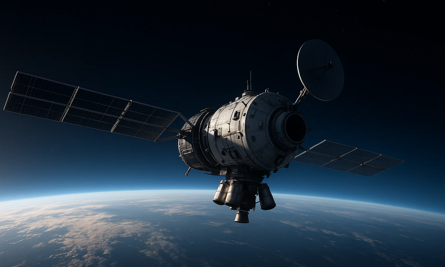 Gambar fotorealistik pesawat ruang angkasa modular yang mengorbit Bumi dengan panel surya dan antena, mewakili konsep pesawat ruang angkasa Ranger dari Quantum Space.