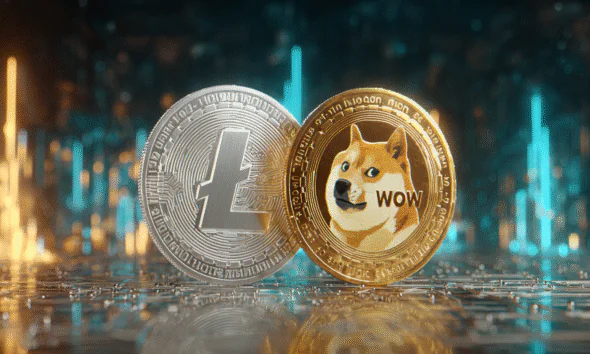 A dramatic digital illustration of a glowing silver Litecoin coin standing