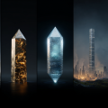A symbolic sequence of towering monoliths representing the ages of materials: raw stone, glowing bronze, crystalline silicon, modern steel skyscraper, and a futuristic AI-powered crystal lattice, illustrating humanity’s progression from ancient metallurgy to AI-driven material discovery.