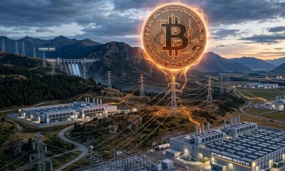 A large Bitcoin coin hovering above high-voltage transmission lines and modern data centers across varied landscapes, illustrating Bitcoin mining’s dependence on electricity, geographic distribution, and resilient infrastructure.