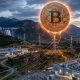 A large Bitcoin coin hovering above high-voltage transmission lines and modern data centers across varied landscapes, illustrating Bitcoin mining’s dependence on electricity, geographic distribution, and resilient infrastructure.