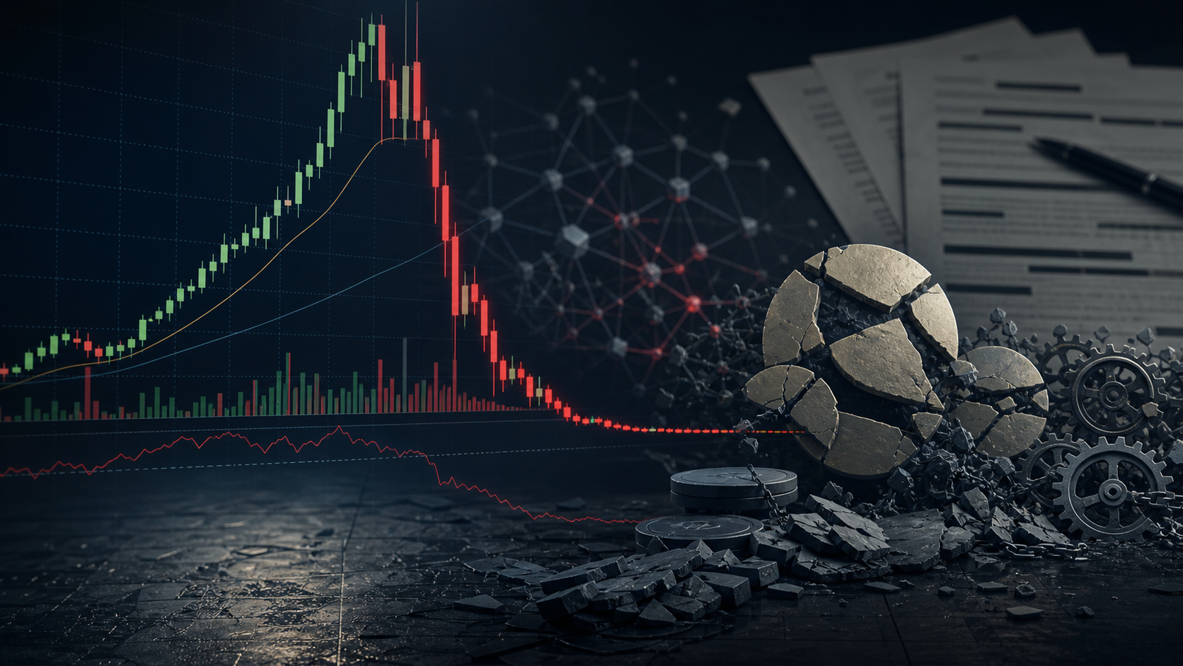 AI-generated illustration of a crypto price chart rising sharply and collapsing beside fractured algorithmic stablecoin symbols.