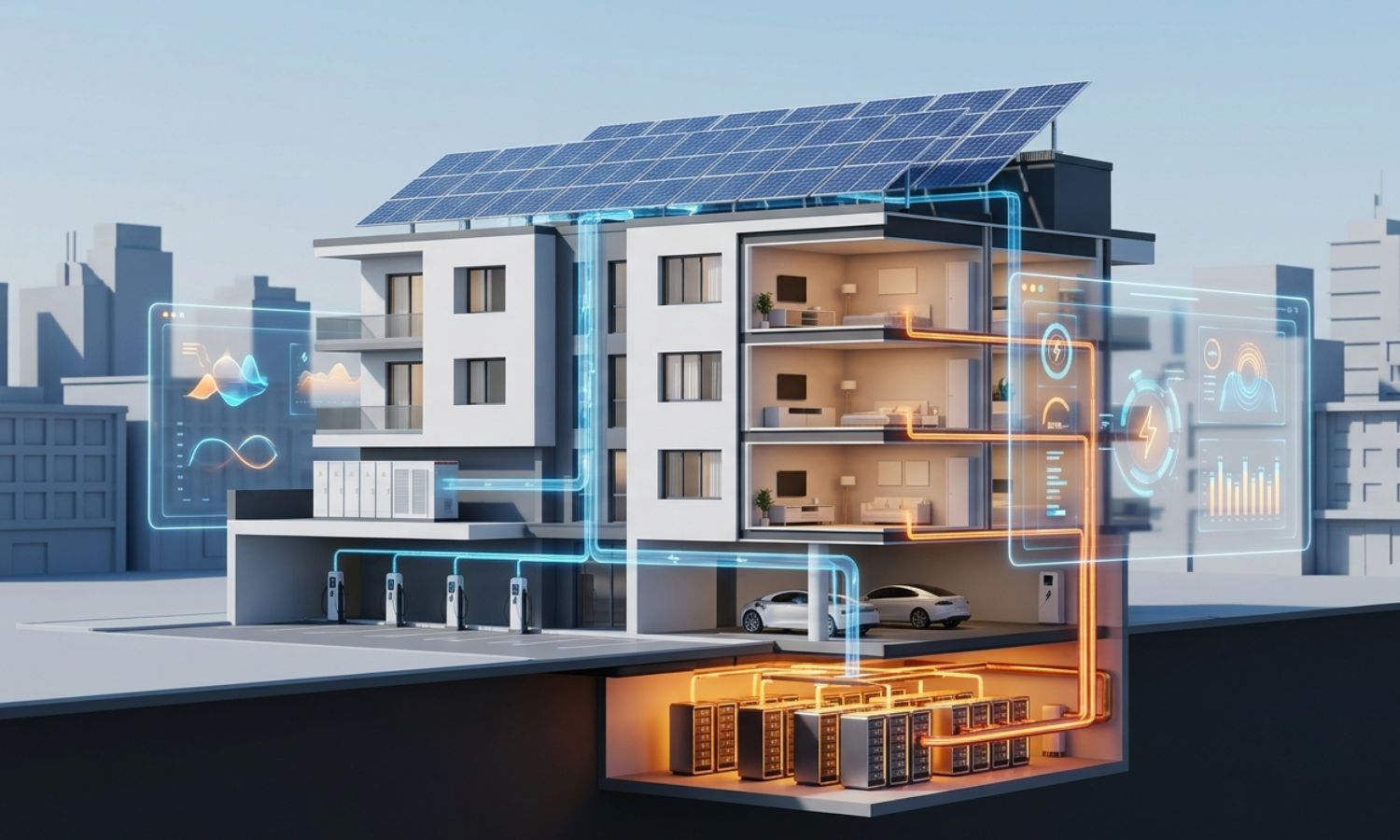 3D-kuttillustrasjon av en smart leilighetsbygning som bruker AI til å koordinere taksolceller, batterilagring og kryptomining-servere, med gjenvunnet avfallsvarme distribuert gjennom bygningens varmesystem for å forbedre energieffektiviteten og redusere driftskostnader.