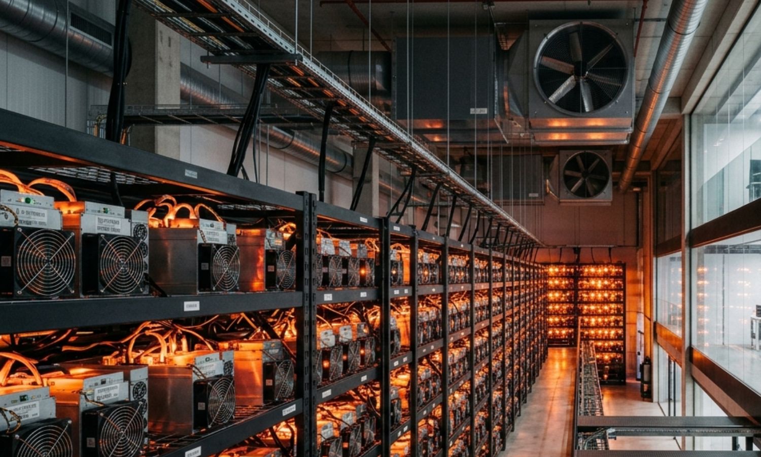 Rader med ASIC Bitcoin-minere som gløder med varm amberfarget lys inne i et moderne, energieffektivt bygninginteriør, som symboliserer integrasjonen av kryptomining med smarte bygningers varmegjenvinningssystemer.