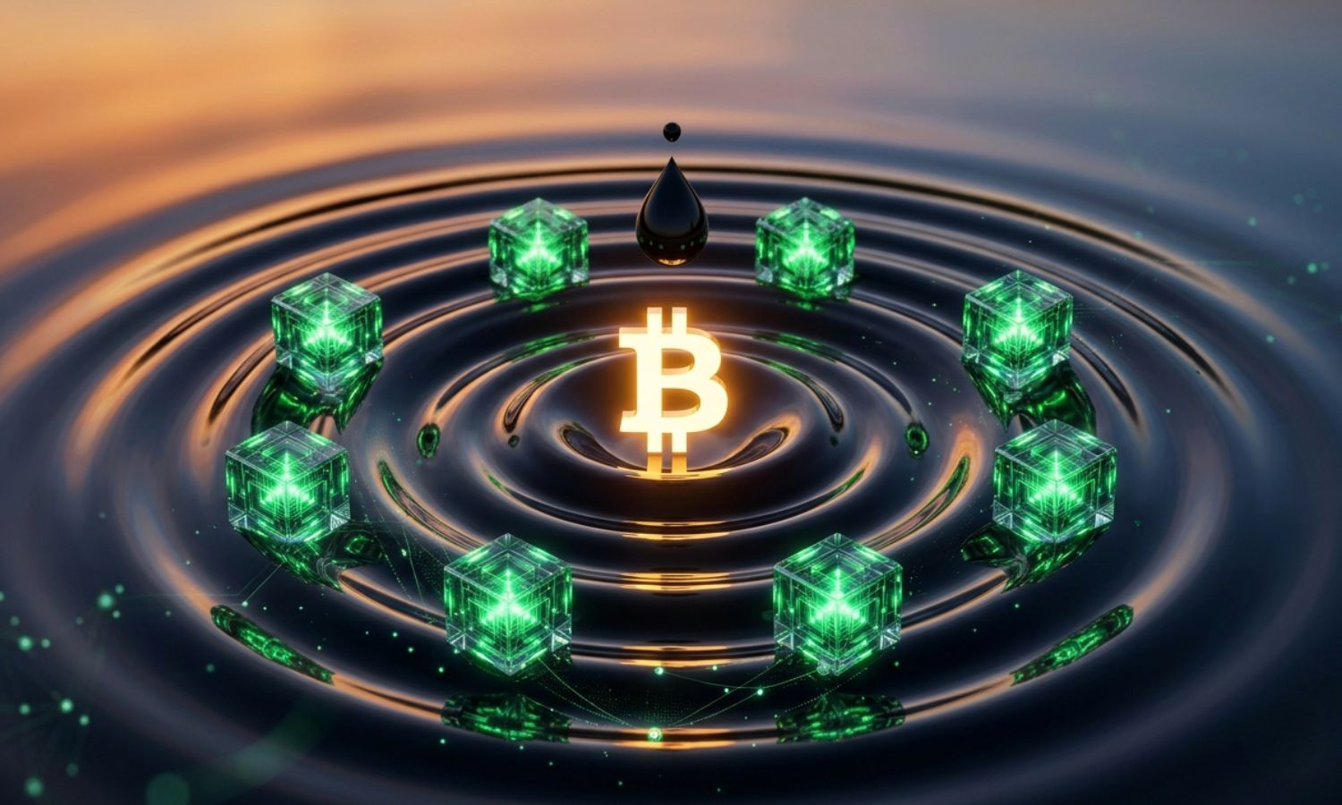 A black oil droplet falls into a reflective surface, creating ripples around a glowing Bitcoin symbol that distort surrounding green blockchain crystals, symbolizing how oil price shocks spread through Bitcoin to sustainable cryptocurrencies.
