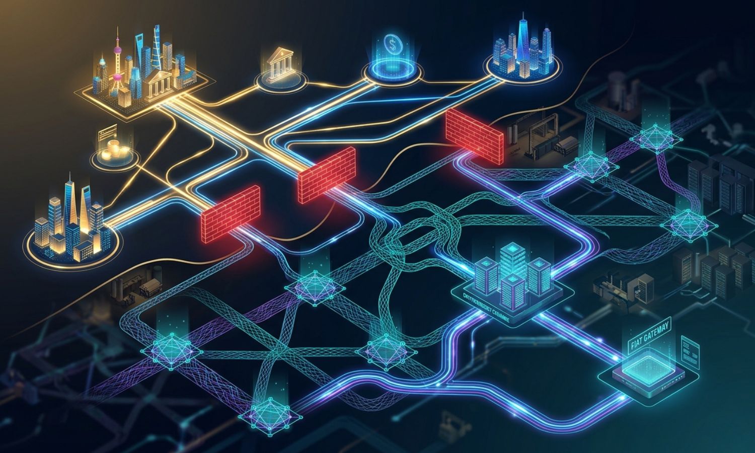 Red financiera global que muestra rutas de transacciones blockchain que evaden canales bancarios tradicionales bloqueados mientras dejan senderos digitales rastreables conectados a intercambios de criptomonedas y puertas financieras.