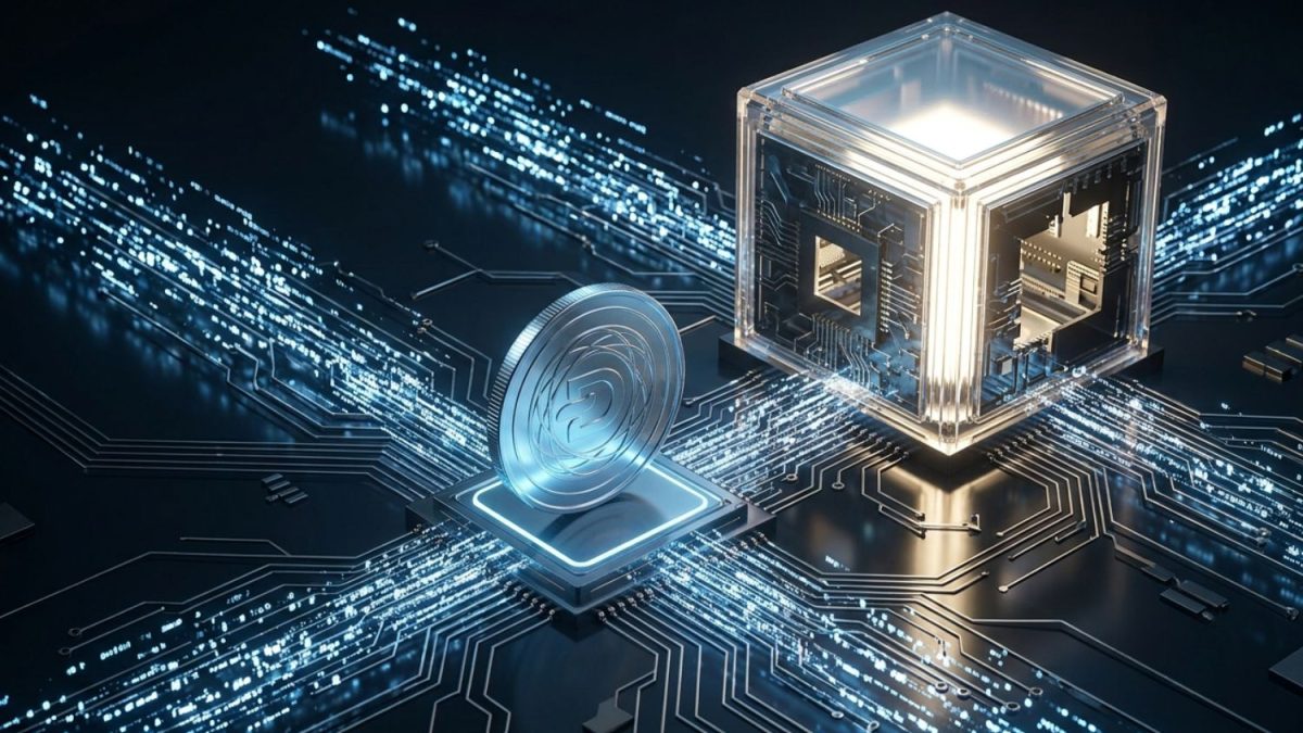 Digital currency connected to a transparent AI processor, illustrating how CBDC adoption could influence corporate AI investment and strategy.