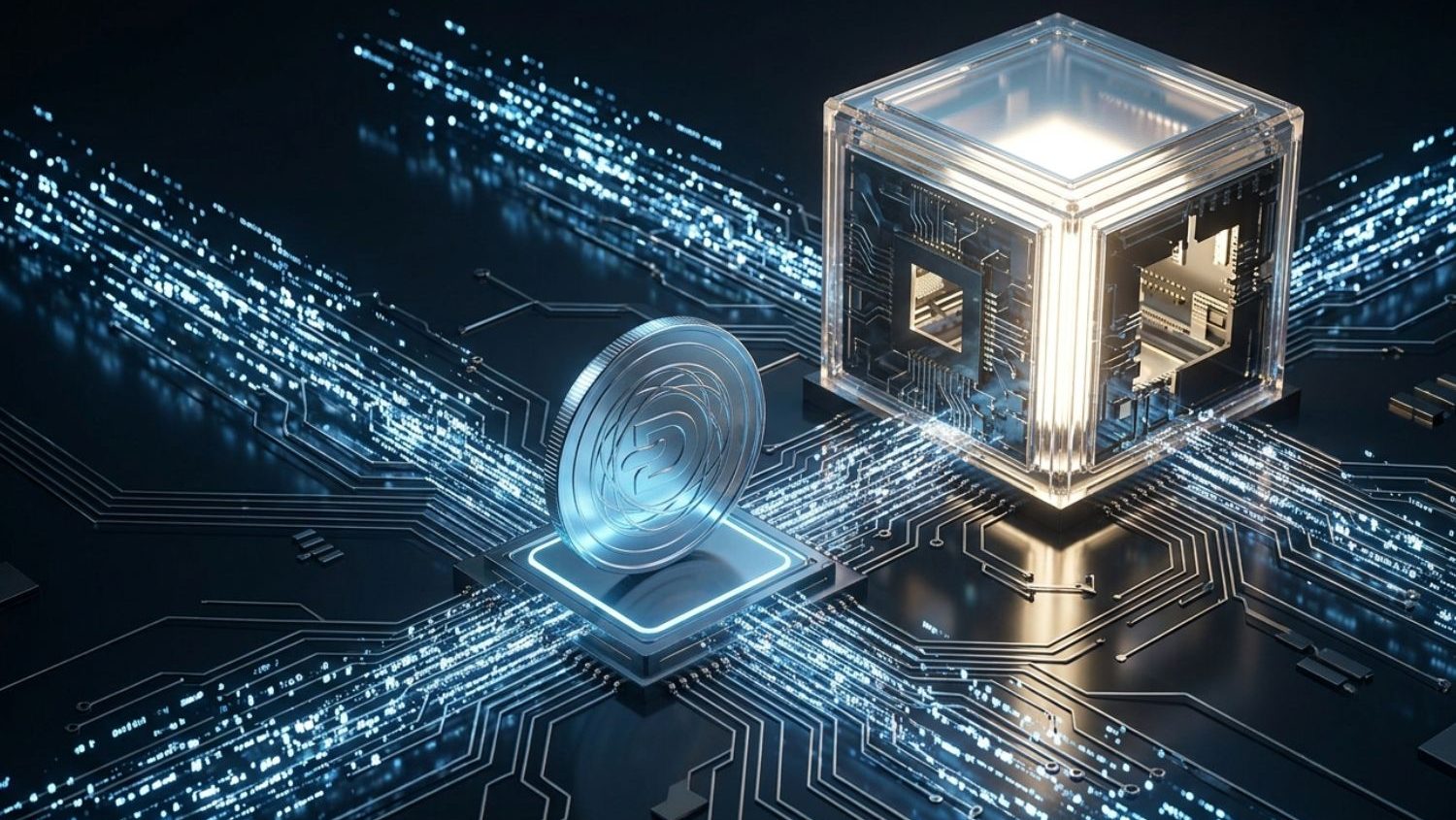 Digital currency connected to a transparent AI processor, illustrating how CBDC adoption could influence corporate AI investment and strategy.