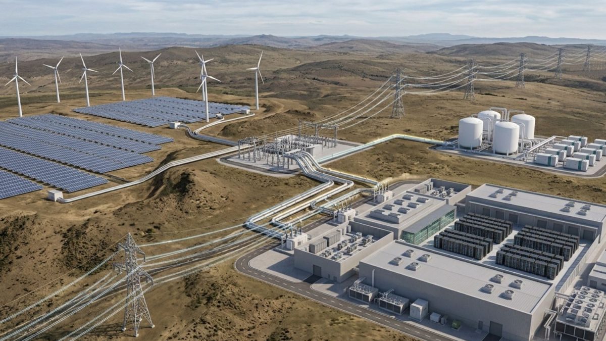 Hybrid solar and wind facility routing renewable electricity between Bitcoin mining and computing infrastructure, green hydrogen production, and the power grid.