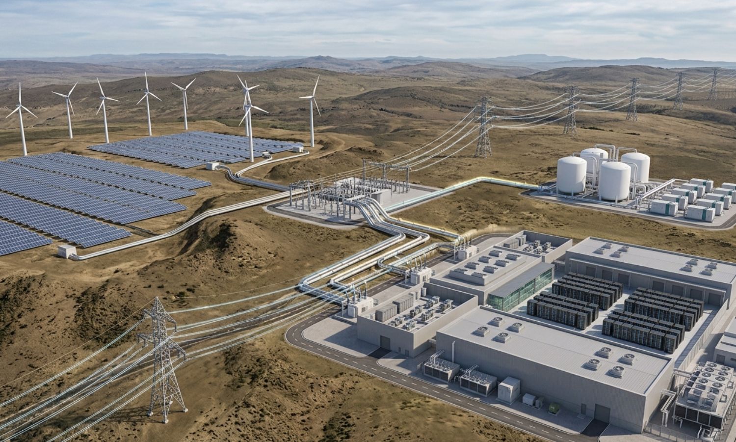 Hybrid solar and wind facility routing renewable electricity between Bitcoin mining and computing infrastructure, green hydrogen production, and the power grid.