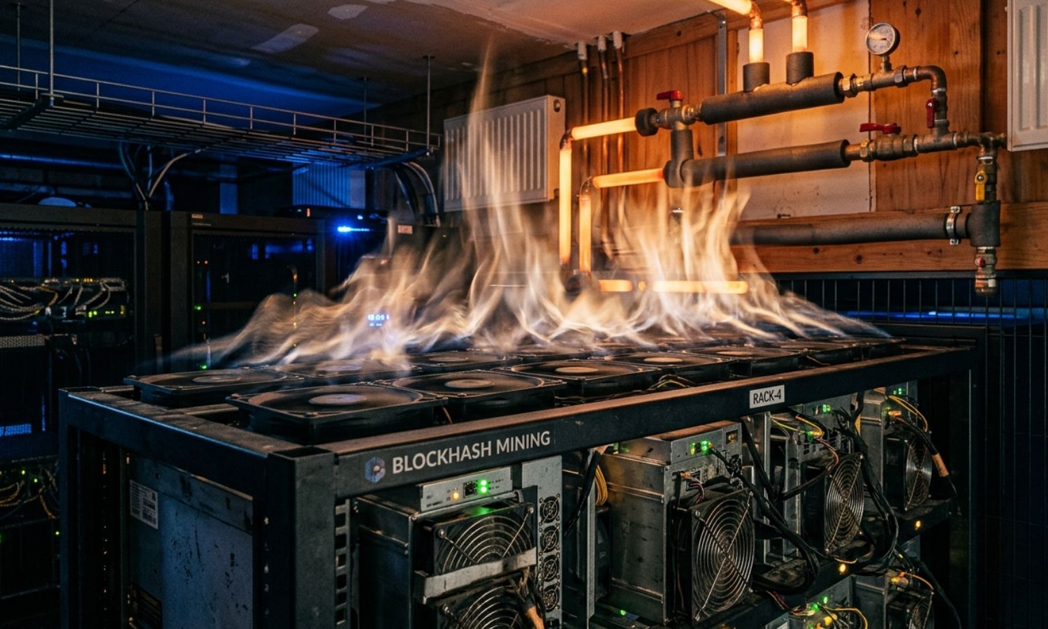Close-up of cryptocurrency mining servers emitting visible heat that transitions into glowing heating pipes, illustrating waste heat recovery and intelligent energy management in smart buildings.