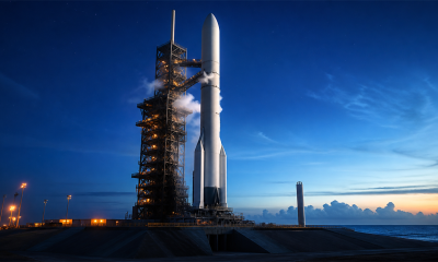 Blue Origin-style reusable heavy-lift rocket on a coastal launch pad at dawn
