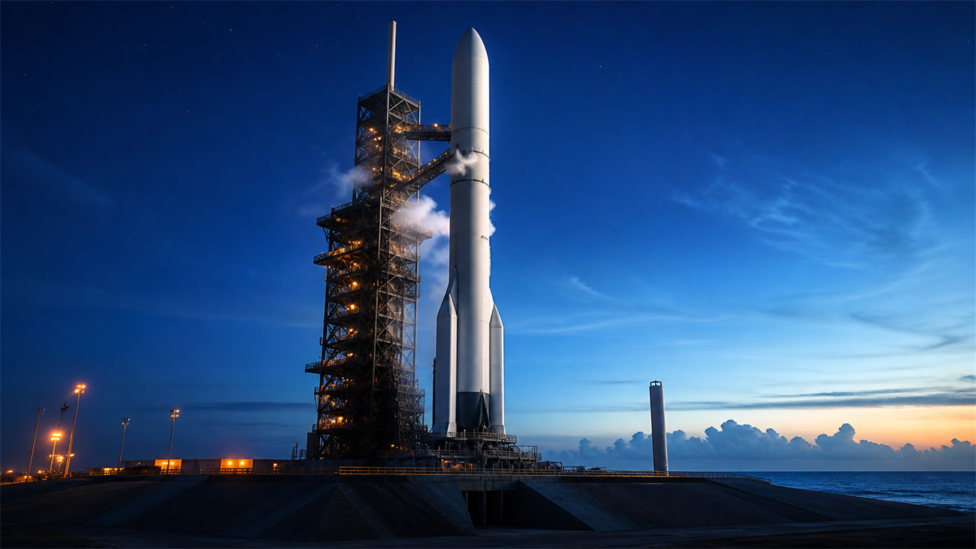 Blue Origin-style reusable heavy-lift rocket on a coastal launch pad at dawn