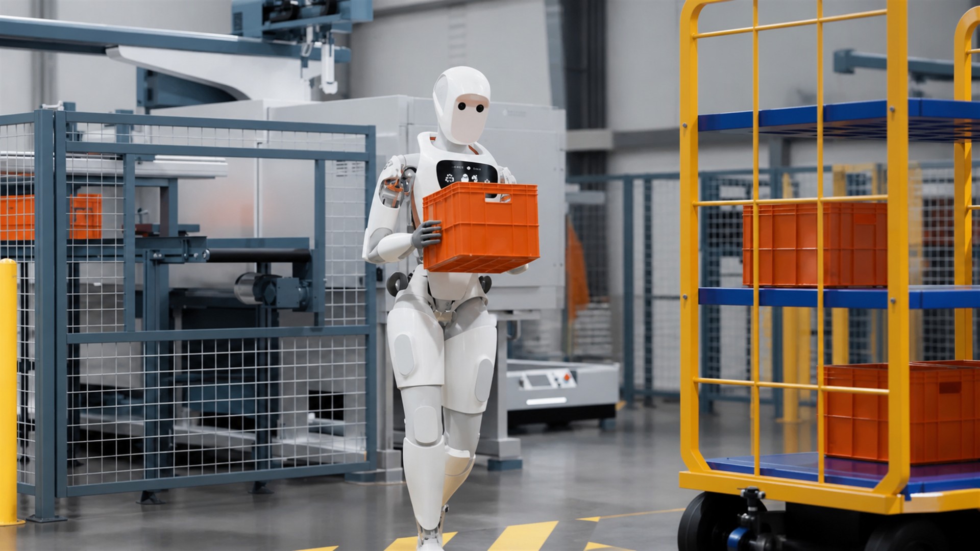 Apptronik Apollo humanoid robot carrying an industrial tote in a manufacturing facility