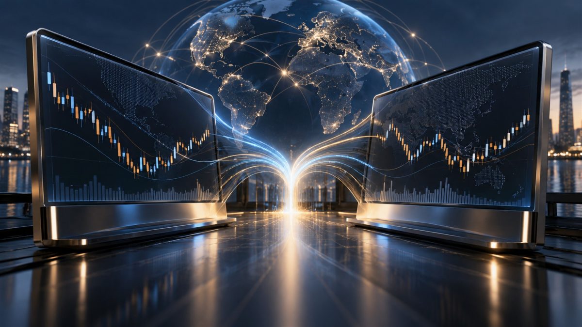 Conceptual illustration of two trading terminals connected through a global financial network.