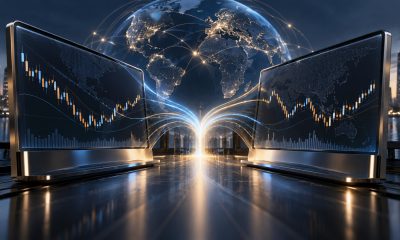 Conceptual illustration of two trading terminals connected through a global financial network.