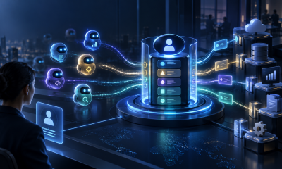 Abstract AI agents route through a central identity gateway to access protected cloud, database, analytics and file services.