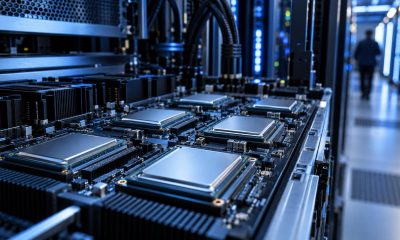 Close-up of AI accelerator chips on a server board in a rack