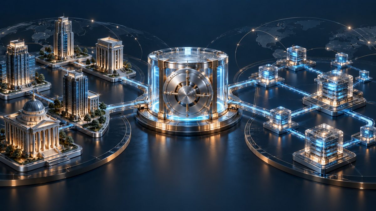 AI-generated illustration of a secure vault connecting institutional buildings and digital ledger nodes.