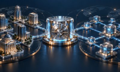 AI-generated illustration of a secure vault connecting institutional buildings and digital ledger nodes.
