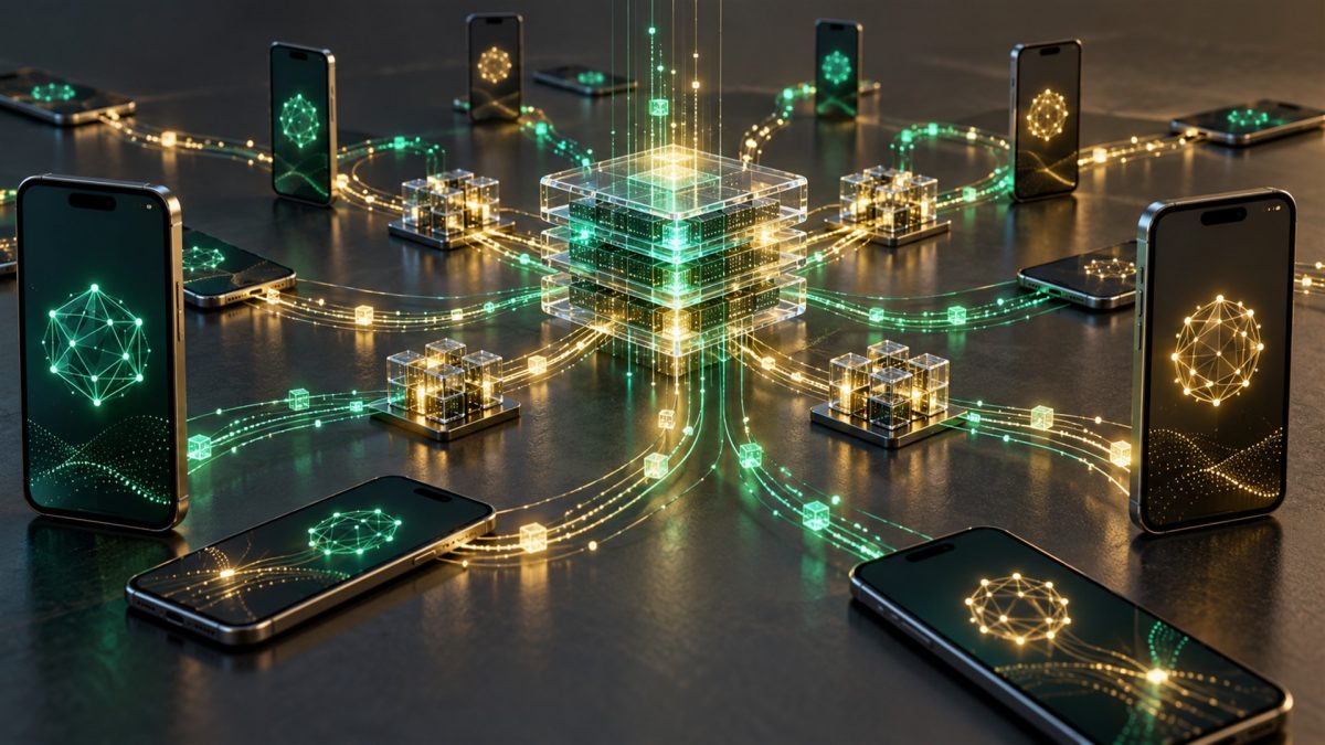 Everyday smartphones connected to a shared blockchain and AI services network — AI-generated illustration